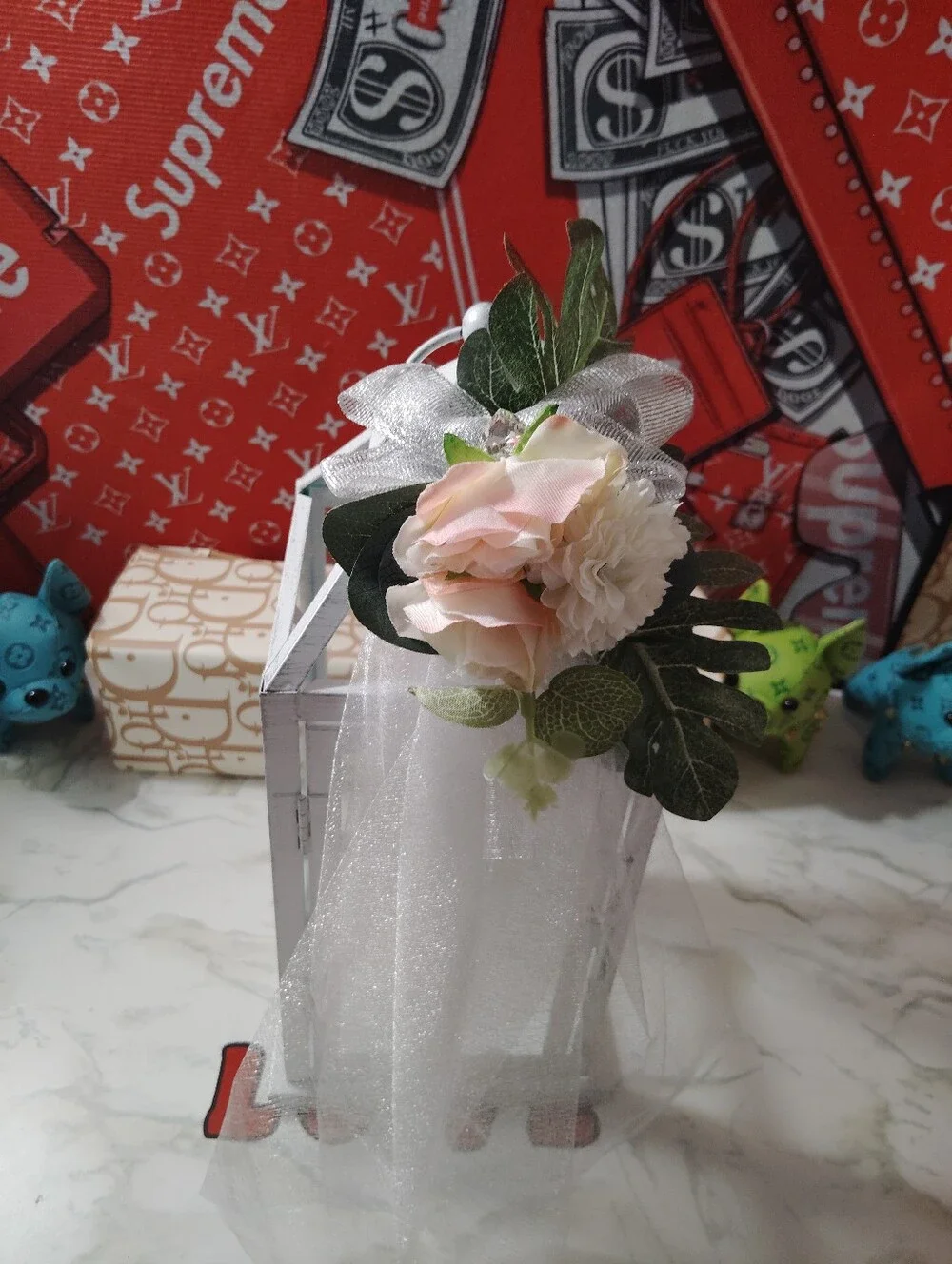 White Decorative Lantern with Pink Rose Accent - Home Accents